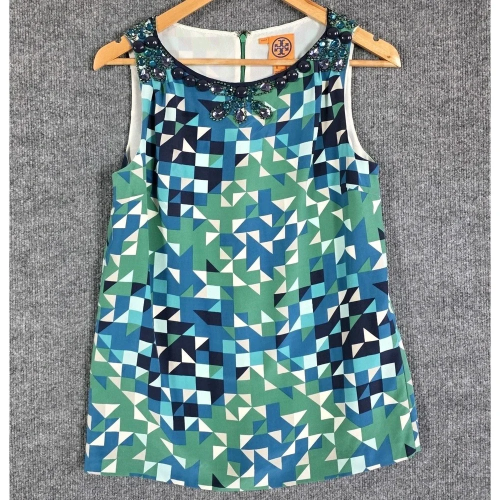 Tory‎ Burch Silk Tank Top 4 Blue Green Geometric Beaded Jewel Sparkle Rhinestone